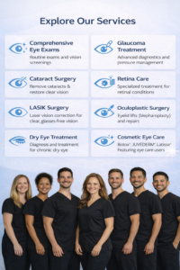 Harman Eye Center services infographic featuring comprehensive eye exams, LASIK, cataract surgery, glaucoma, retina care, dry eye treatment, and cosmetic eye care.